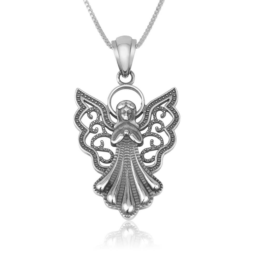 Filigree angel pendant necklace sterling silver praying open-work wings halo - Marina Jewelry Holy Land