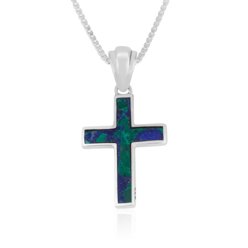 Azurite Stone Cross Sterling Silver Pendant Handmade Jewelry Holy Land - Marina Jewelry Holy Land