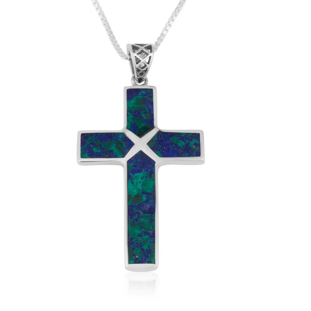 Azurite Stone Cross Sterling Silver Pendant Handmade Jewely Holy Land - Marina Jewelry Holy Land
