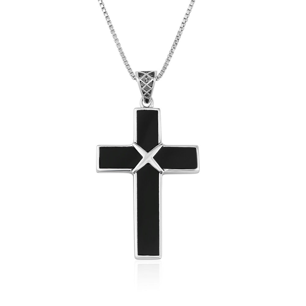 Black Onyx Cross Pendant Star Detail Sterling Silver Holy Land - Marina Jewelry