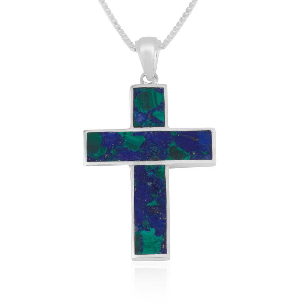 Azurite Stone Cross Sterling Silver Necklace Pendant Handmade Jewelry Holy Land - Marina Jewelry Holy Land