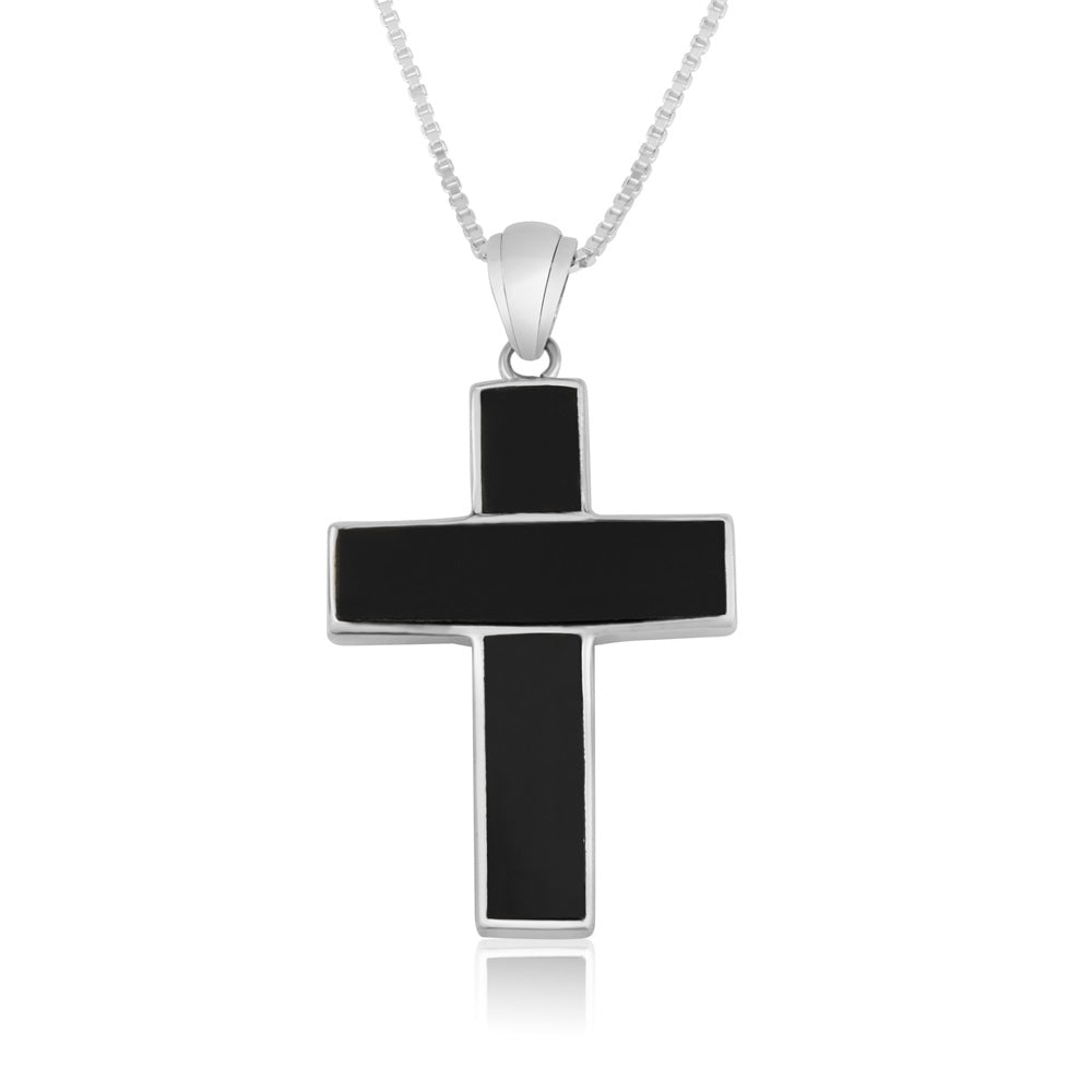 Black Onyx Cross Pendant Segmented Sterling Silver Holy Land - Marina Jewelry