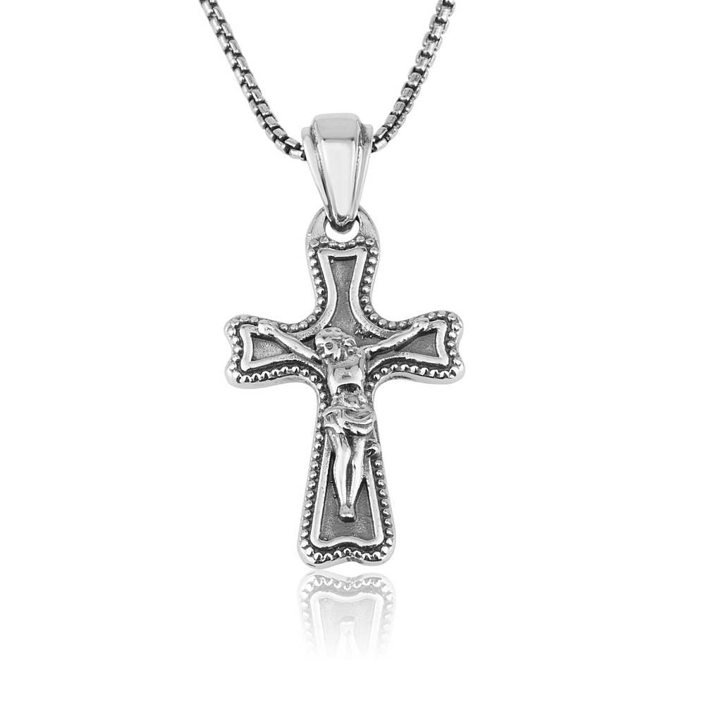 Crucifix Engraved Cross Pendant Beaded Outline Silver Jewelry Blessing Holy Land - Marina Jewelry Holy Land