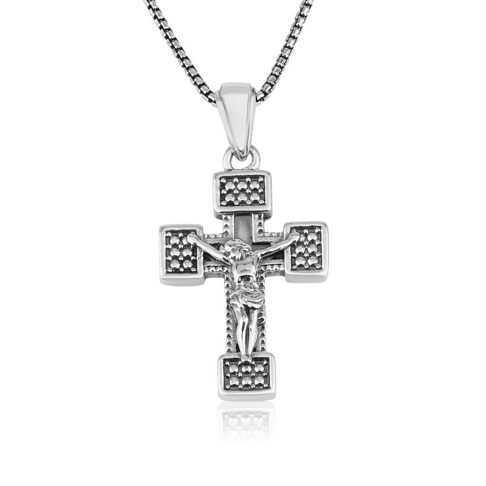 Crucifix Pendant Silver Classic Engraved Cross Embellished Jewelry Holy Land - Marina Jewelry Holy Land