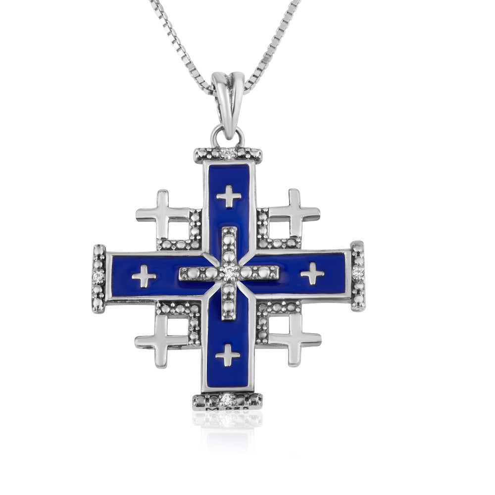 Jerusalem Cross Blue Enamel CZ Large Pendant - Sterling Silver 925, Holy Land - Marina Jewelry Holy Land