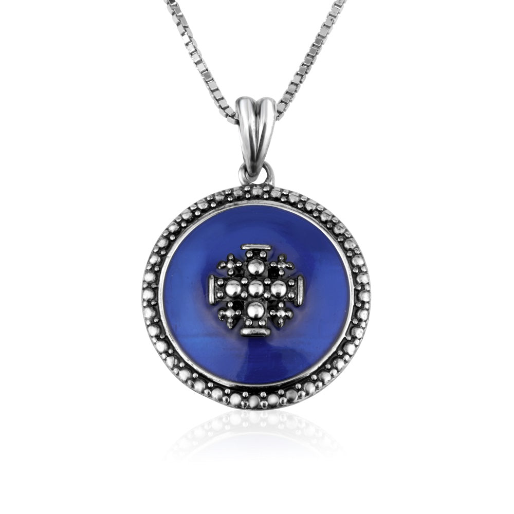 Jerusalem Cross Blue Enamel Round Medallion Pendant - Sterling Silver 925, Holy Land - Marina Jewelry Holy Land