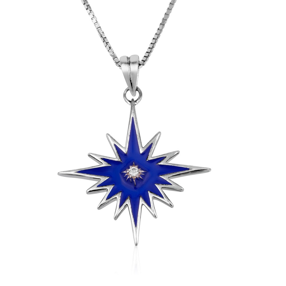 Star of Bethlehem Pendant Large Blue Enamel CZ Sterling Silver Holy Land - Marina Jewelry