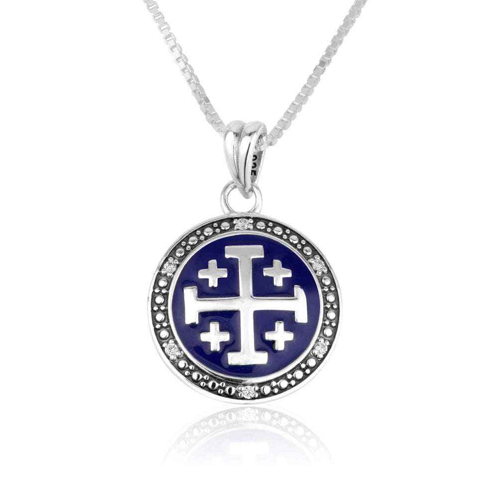 Jerusalem Cross Blue Enamel CZ Halo Pendant - Sterling Silver 925, Holy Land - Marina Jewelry Holy Land