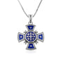 Jerusalem Cross Blue Enamel Ornate Flared Pendant - Sterling Silver 925, Holy Land - Marina Jewelry Holy Land