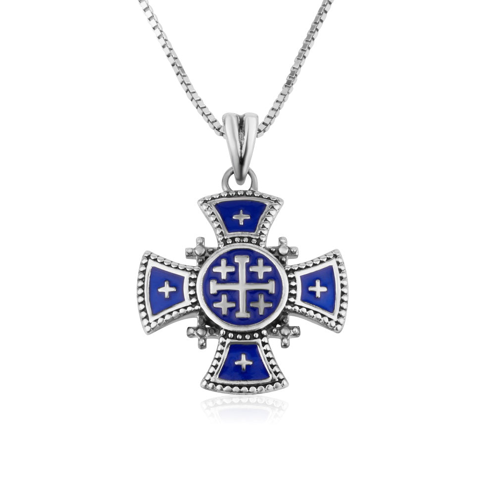 Jerusalem Cross Blue Enamel Ornate Flared Pendant - Sterling Silver 925, Holy Land - Marina Jewelry Holy Land