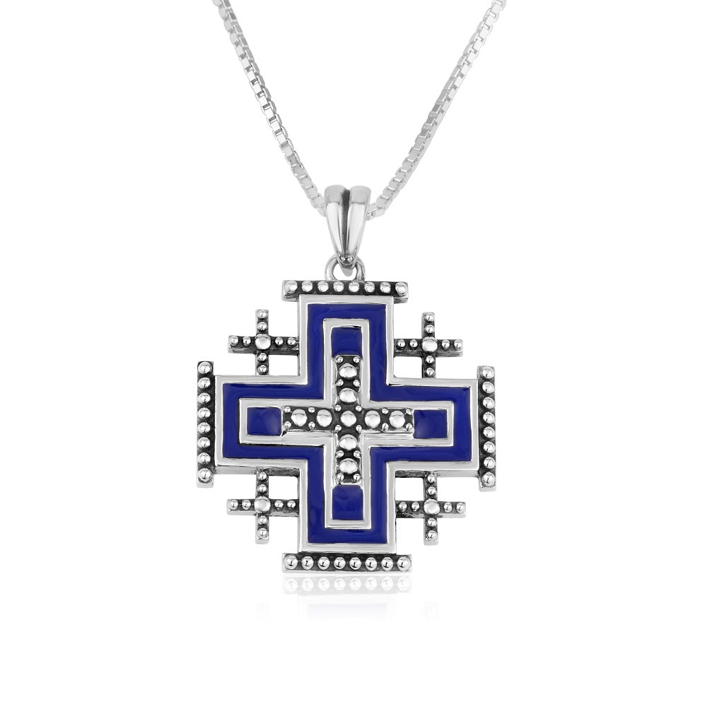 Jerusalem Cross Blue Enamel Large Beaded Pendant - Sterling Silver 925, Holy Land - Marina Jewelry Holy Land