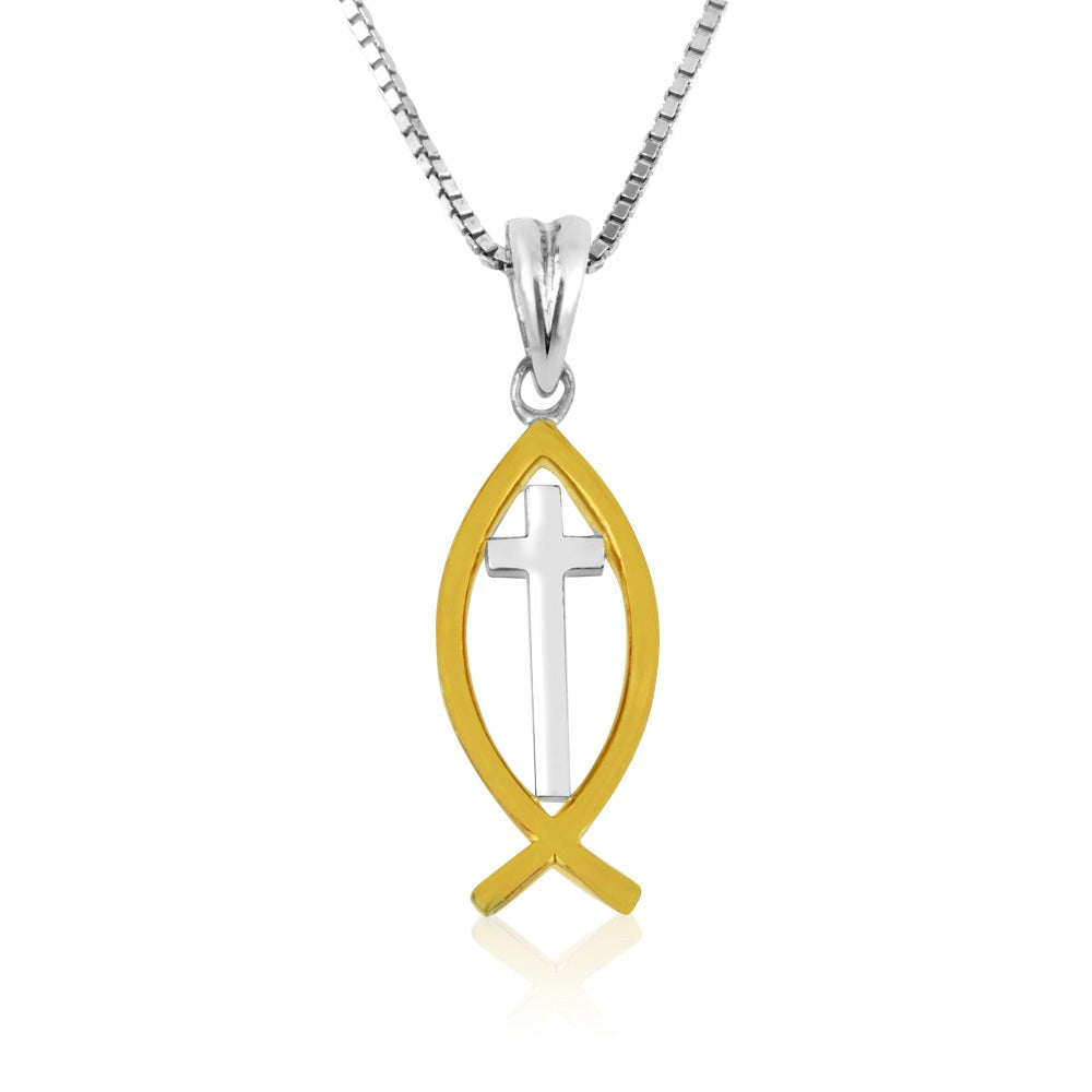 ichthus fish pendant necklace gold plated sterling silver wire outline - Marina Jewelry Holy Land