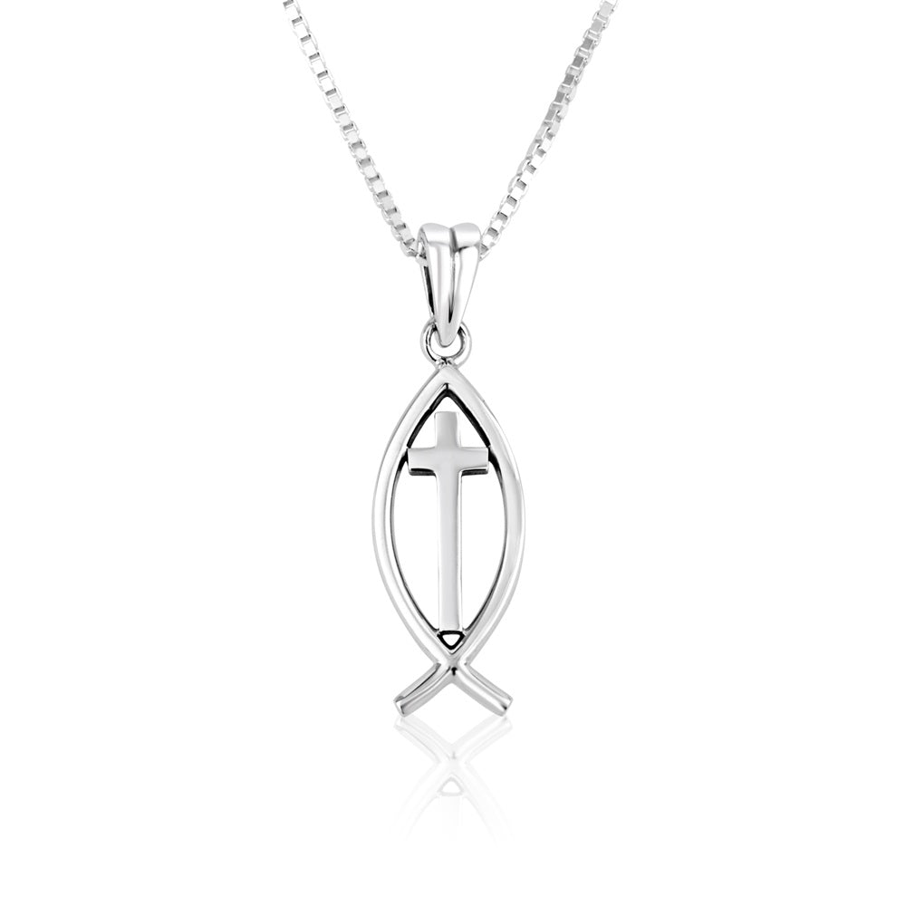 ichthus fish pendant necklace sterling silver wire outline - Marina Jewelry Holy Land