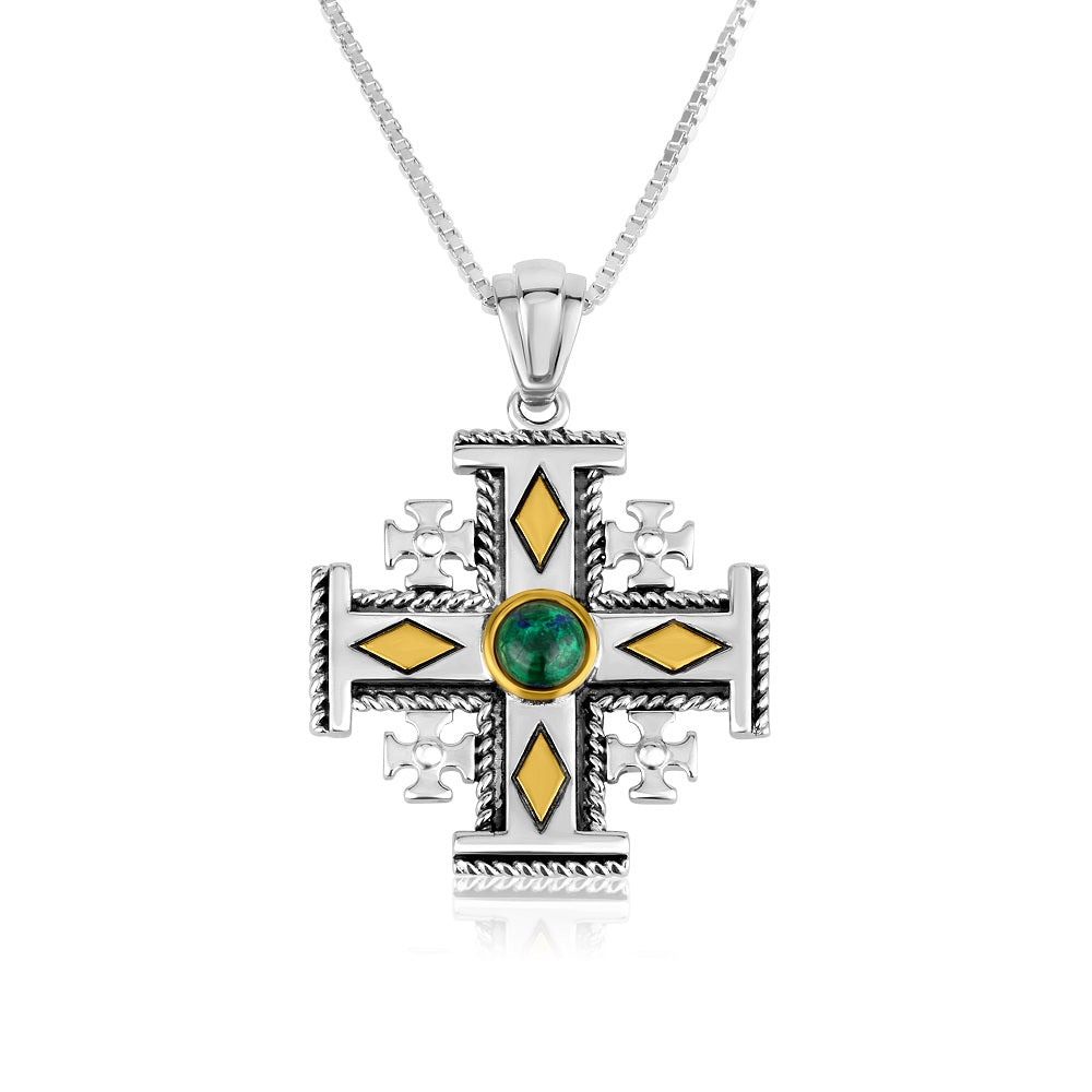 Jerusalem Cross Eilat Stone Gold Diamond Pendant Sterling Silver Holy Land - Marina Jewelry