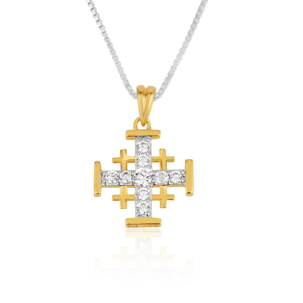 Jerusalem Cross Gold CZ Pendant - Gold Plated Sterling Silver, Holy Land - Marina Jewelry Holy Land