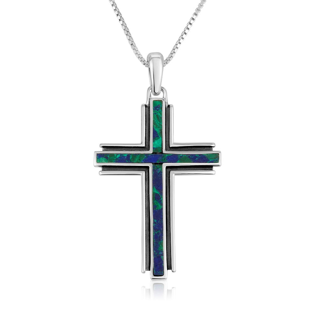 Eilat Stone Cross Pendant Stepped Profile Sterling Silver Holy Land - Marina Jewelry