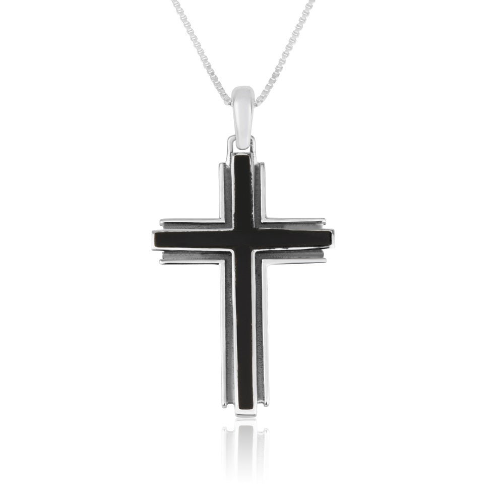 Black Onyx Cross Pendant Stepped Profile Sterling Silver Holy Land - Marina Jewelry