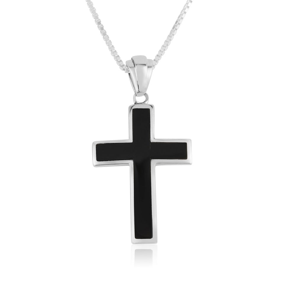 Black Onyx Cross Pendant Medium Rounded Sterling Silver Holy Land - Marina Jewelry