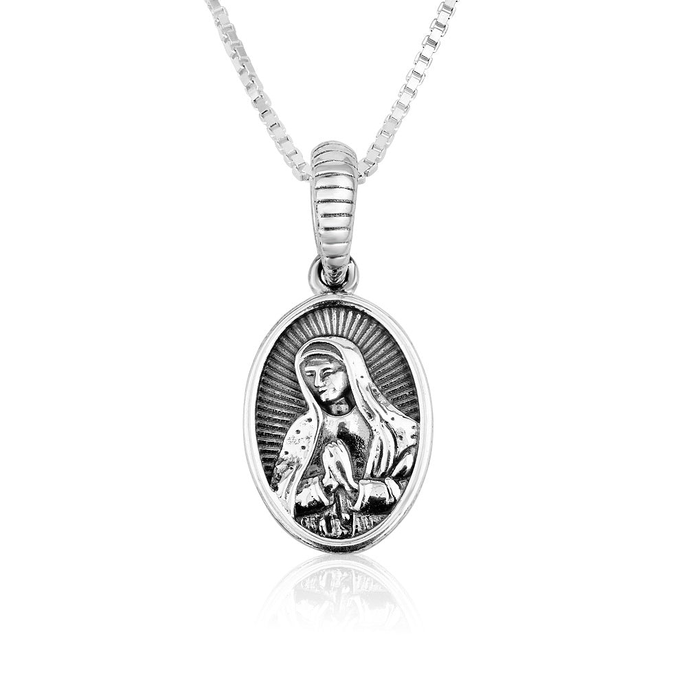 Virgin Mary oval medallion pendant necklace oxidized sterling silver - Marina Jewelry Holy Land
