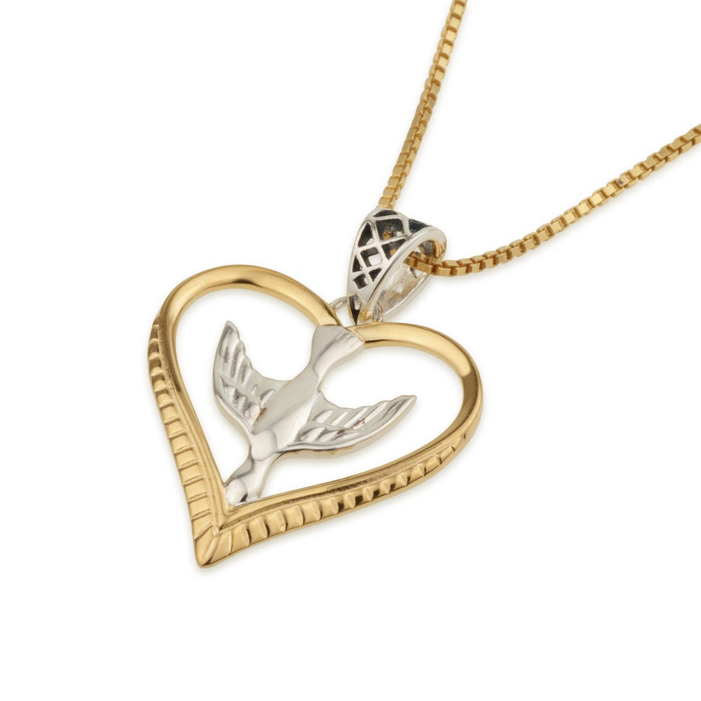 Heart Dove Pendant Gold Heart Silver Dove Sterling Silver Holy Land - Marina Jewelry