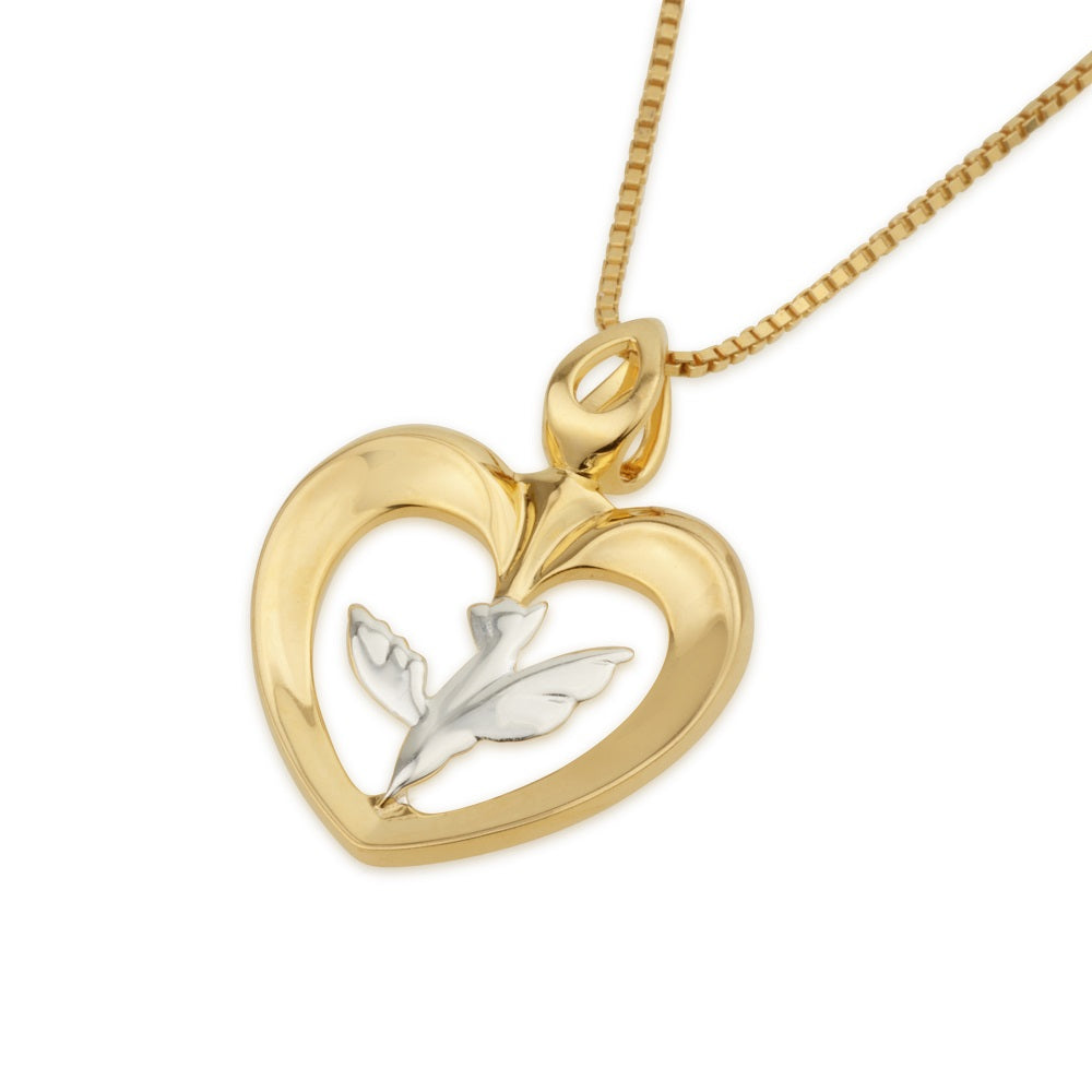 Heart Dove Pendant Gold Heart Gold Dove Sterling Silver Holy Land - Marina Jewelry