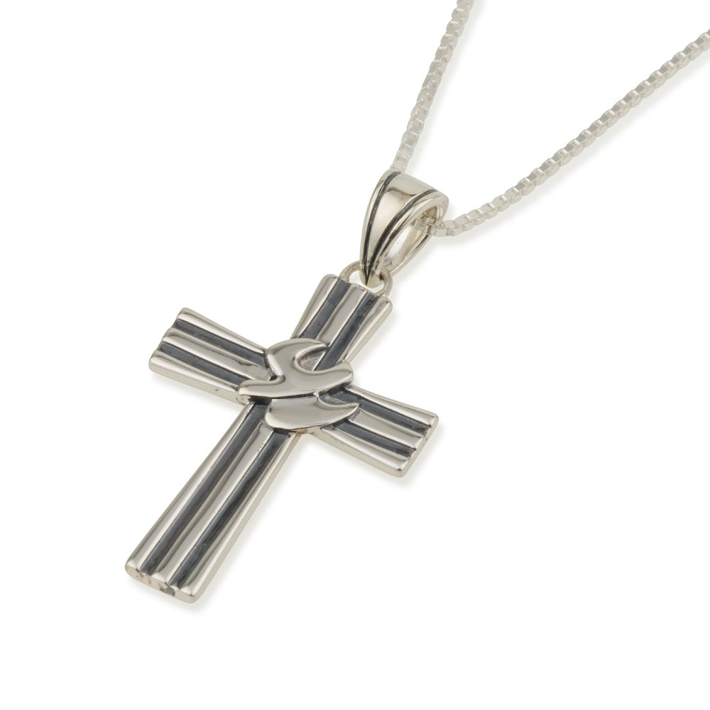 Cross Dove Pendant Striped Oxidized Sterling Silver Holy Land - Marina Jewelry