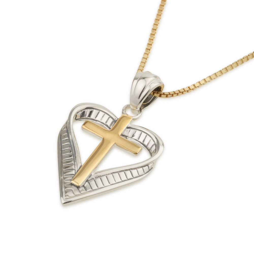 Heart Cross Pendant Textured Silver Heart Gold Cross Sterling Silver Holy Land - Marina Jewelry