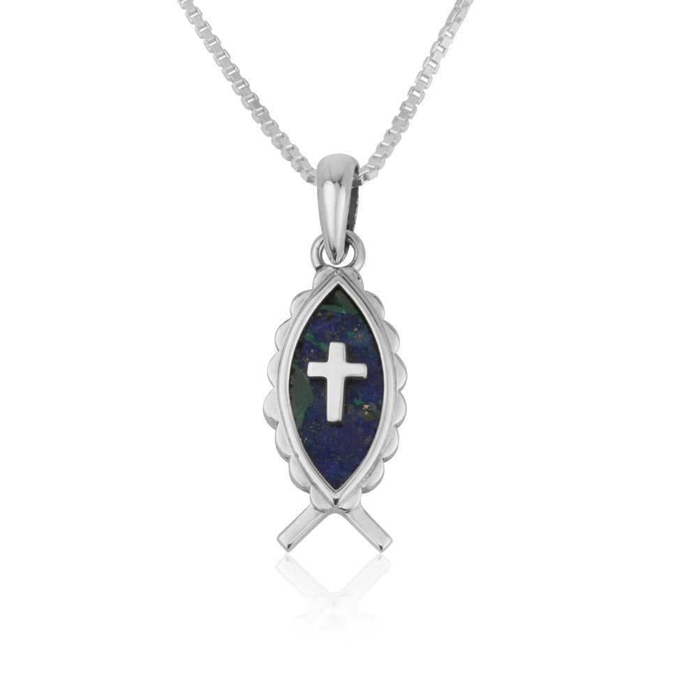 eilat stone ichthus fish cross pendant necklace sterling silver holy land - Marina Jewelry