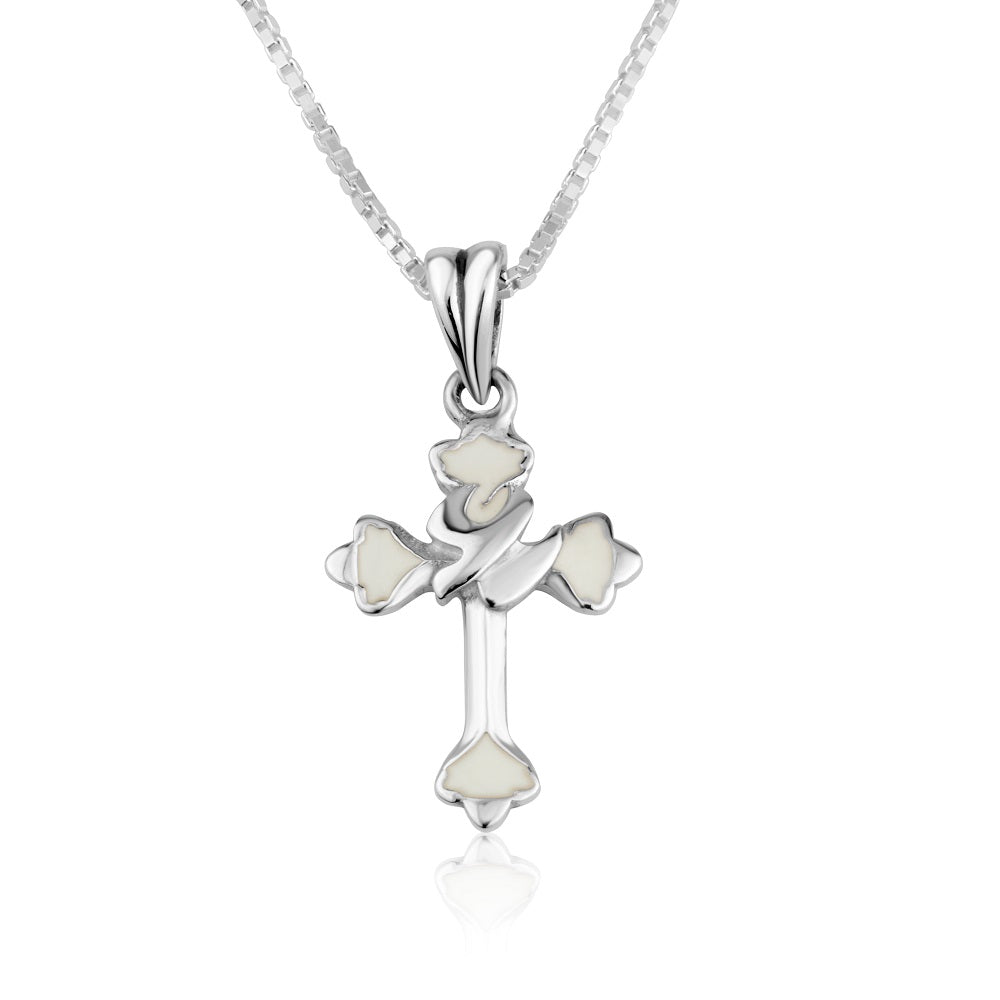 Cross Dove Pendant White Ivory Enamel Tips Sterling Silver Holy Land - Marina Jewelry