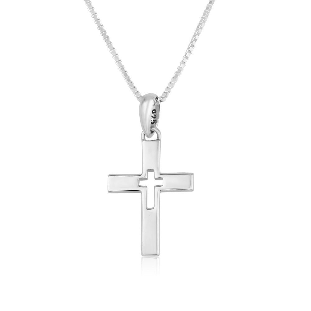 Bevelled cross pendant necklace sterling silver raised ridge - Marina Jewelry Holy Land