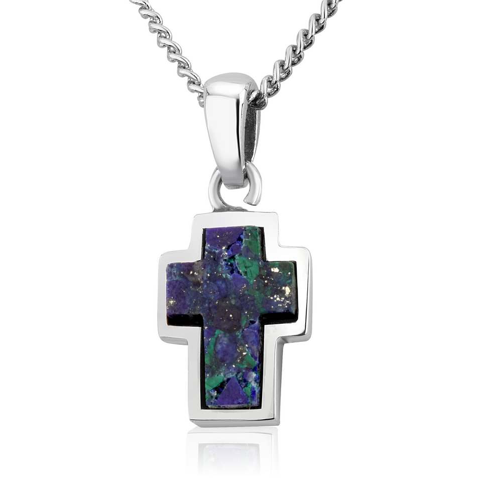 Azurite Stone Cross Silver Pendant Flawlessly Handmade Jewelry Holy Land - Marina Jewelry Holy Land