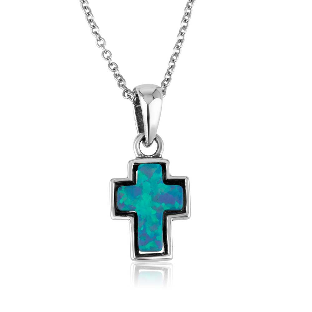 Cross Blue Opal Pendant from Sterling silver 925 made in the Holy Land - Marina Jewelry Holy Land