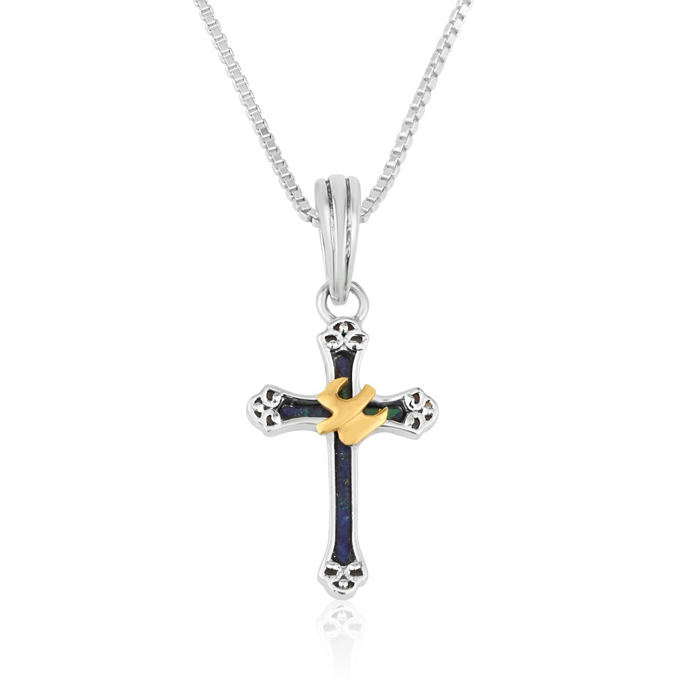 Eilat Stone Cross Gold Dove Pendant Sterling Silver Holy Land - Marina Jewelry