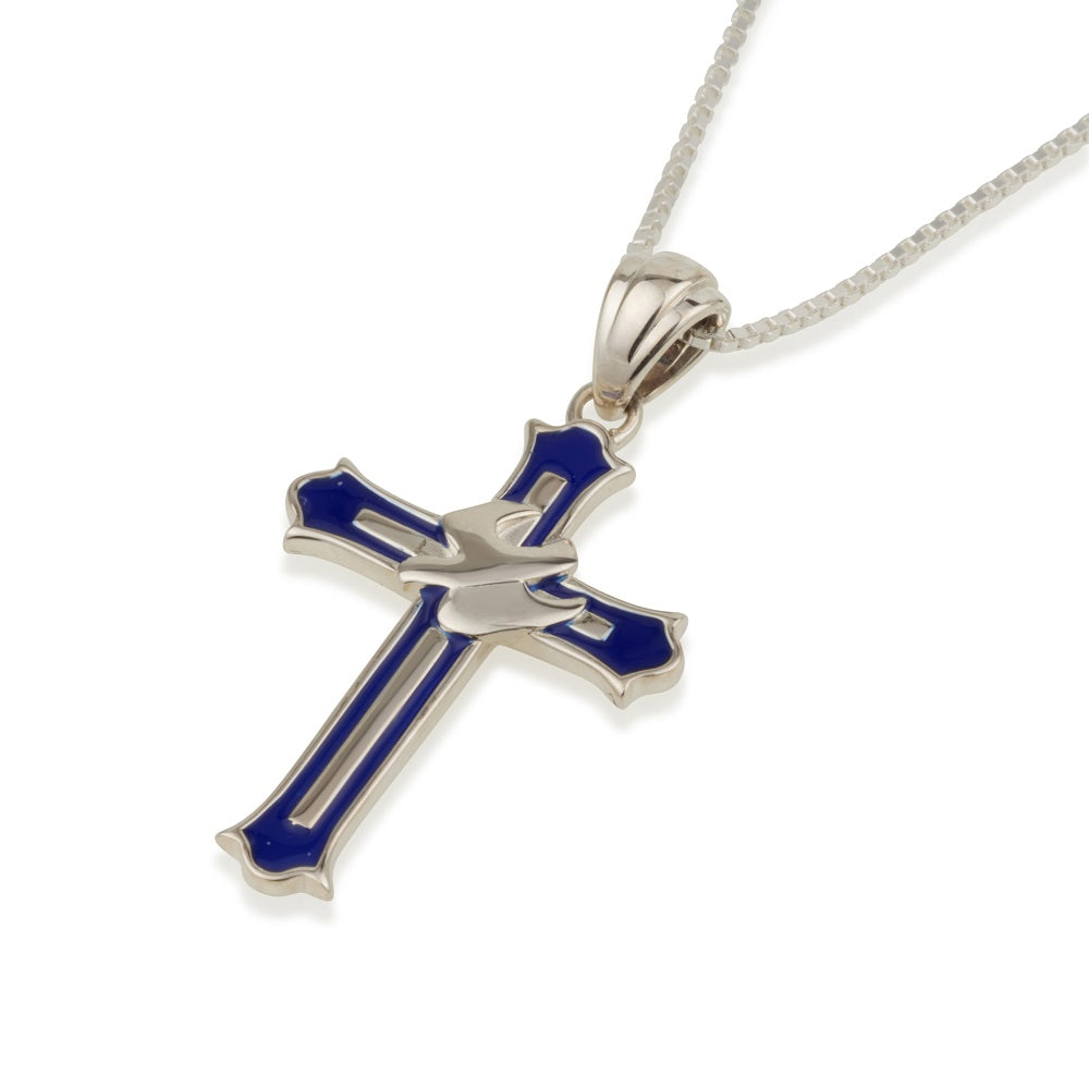 Blue enamel dove cross confirmation pendant necklace sterling silver gothic - Marina Jewelry Holy Land