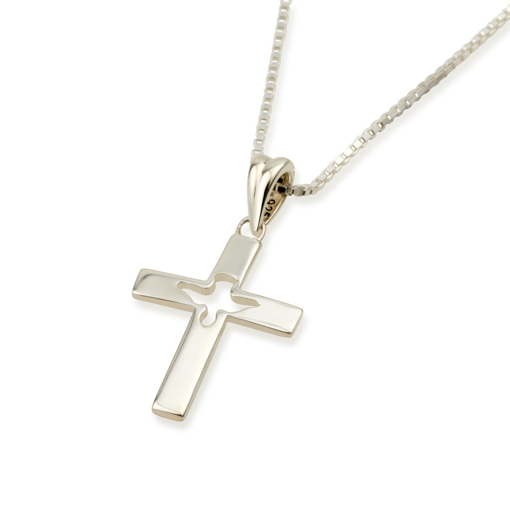 Open frame cross pendant necklace sterling silver hollow channel arms - Marina Jewelry Holy Land