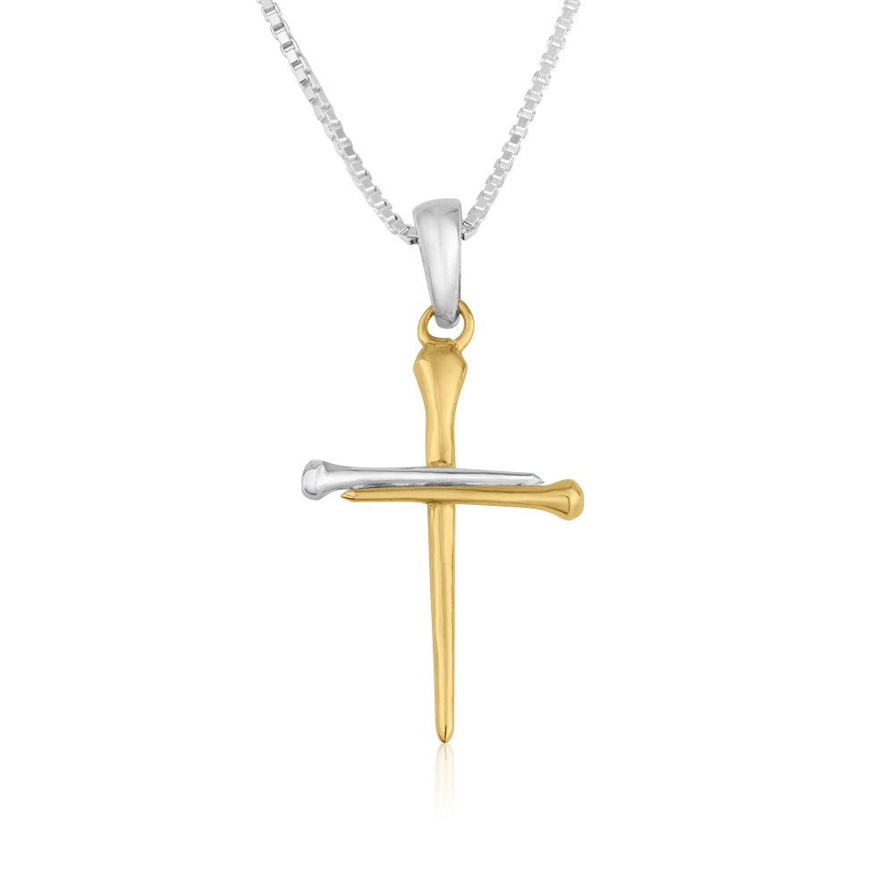 Tubular gold cross pendant necklace gold plated sterling silver cylindrical arms - Marina Jewelry Holy Land