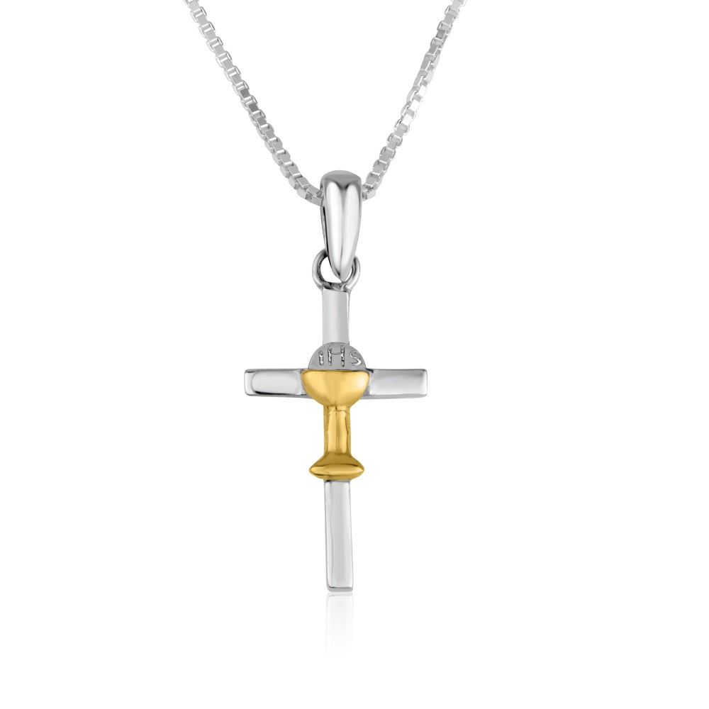 First Communion Chalice Cross Pendant Necklace — Two-Tone Gold Silver — Marina Jewelry Holy Land