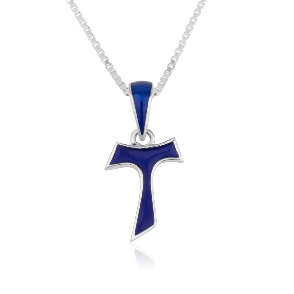 Tau Cross Pendant Blue Enamel Sterling Silver Holy Land - Marina Jewelry