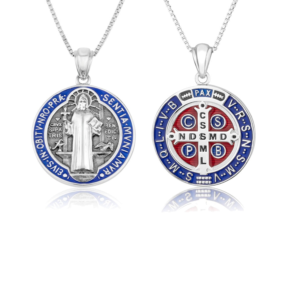 Saint Benedict medal necklace blue red enamel sterling silver full design - Marina Jewelry Holy Land