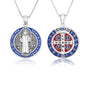 Saint Benedict medal necklace blue red enamel sterling silver full design - Marina Jewelry Holy Land