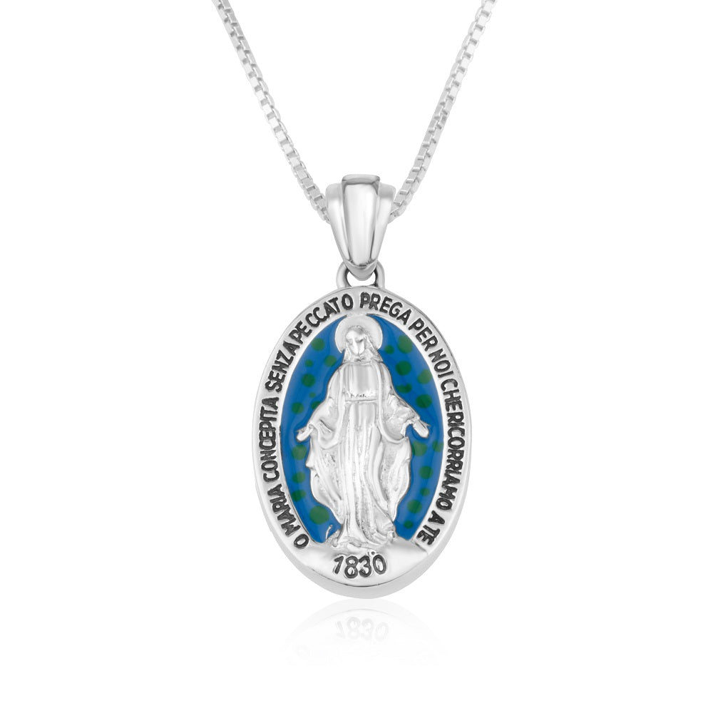 Miraculous Medal necklace blue enamel sterling silver Mary in relief - Marina Jewelry Holy Land