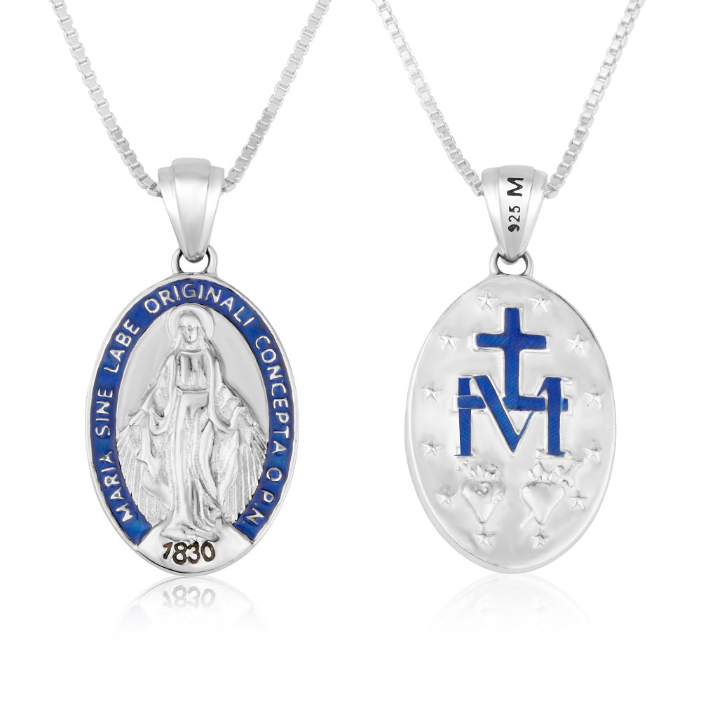 Miraculous Medal necklace large blue enamel sterling silver Mary in relief - Marina Jewelry Holy Land