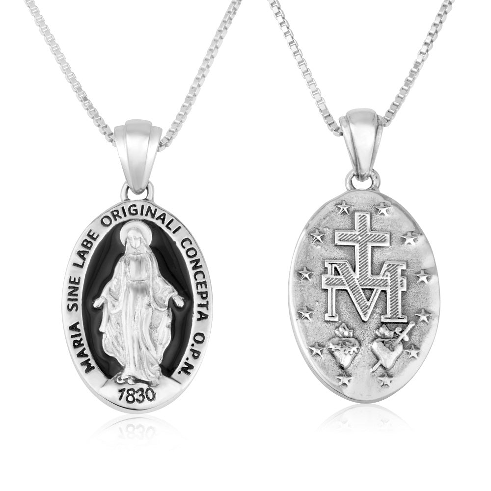 Miraculous Medal necklace black enamel sterling silver Mary silver relief - Marina Jewelry Holy Land