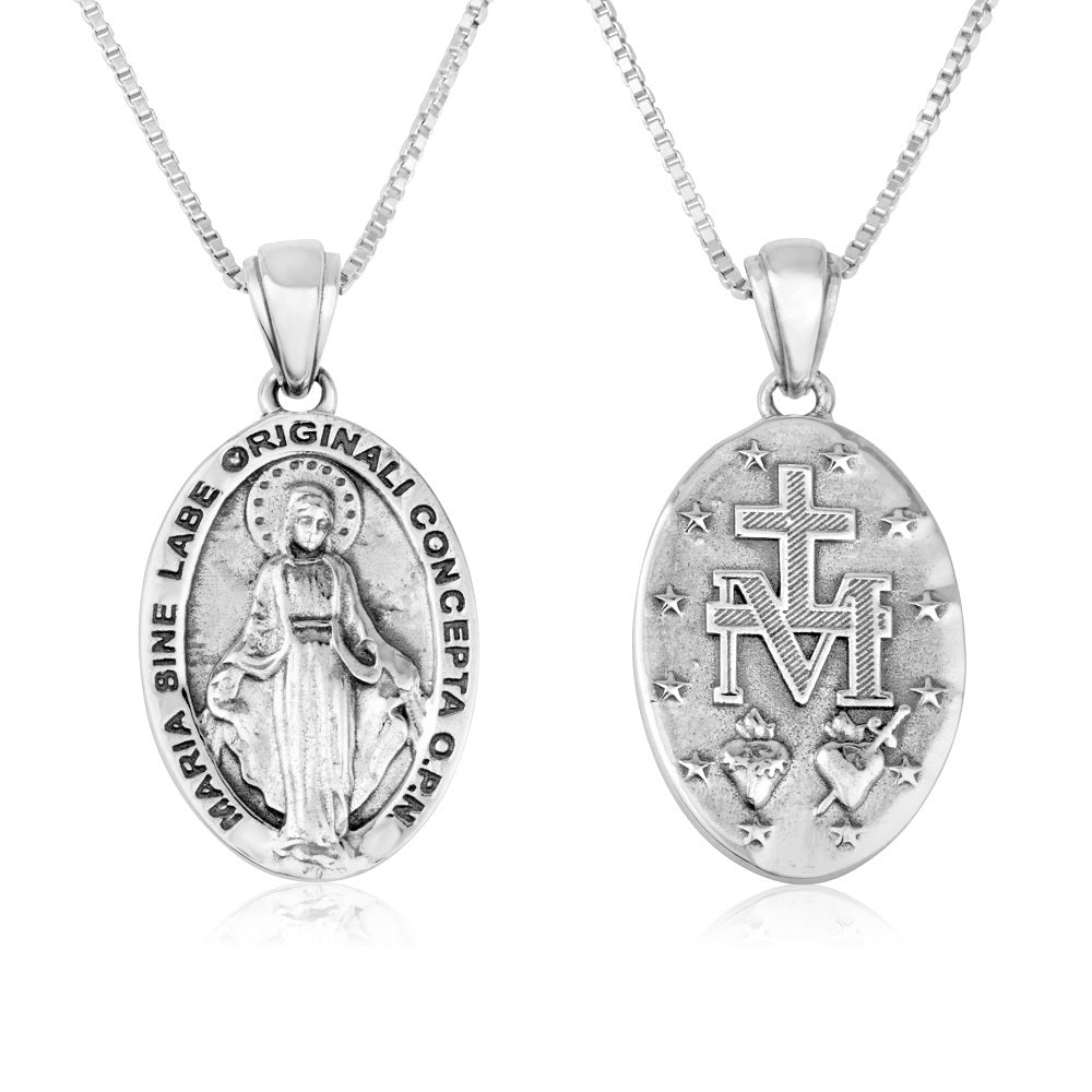 Miraculous Medal necklace oxidized sterling silver traditional design - Marina Jewelry Holy Land