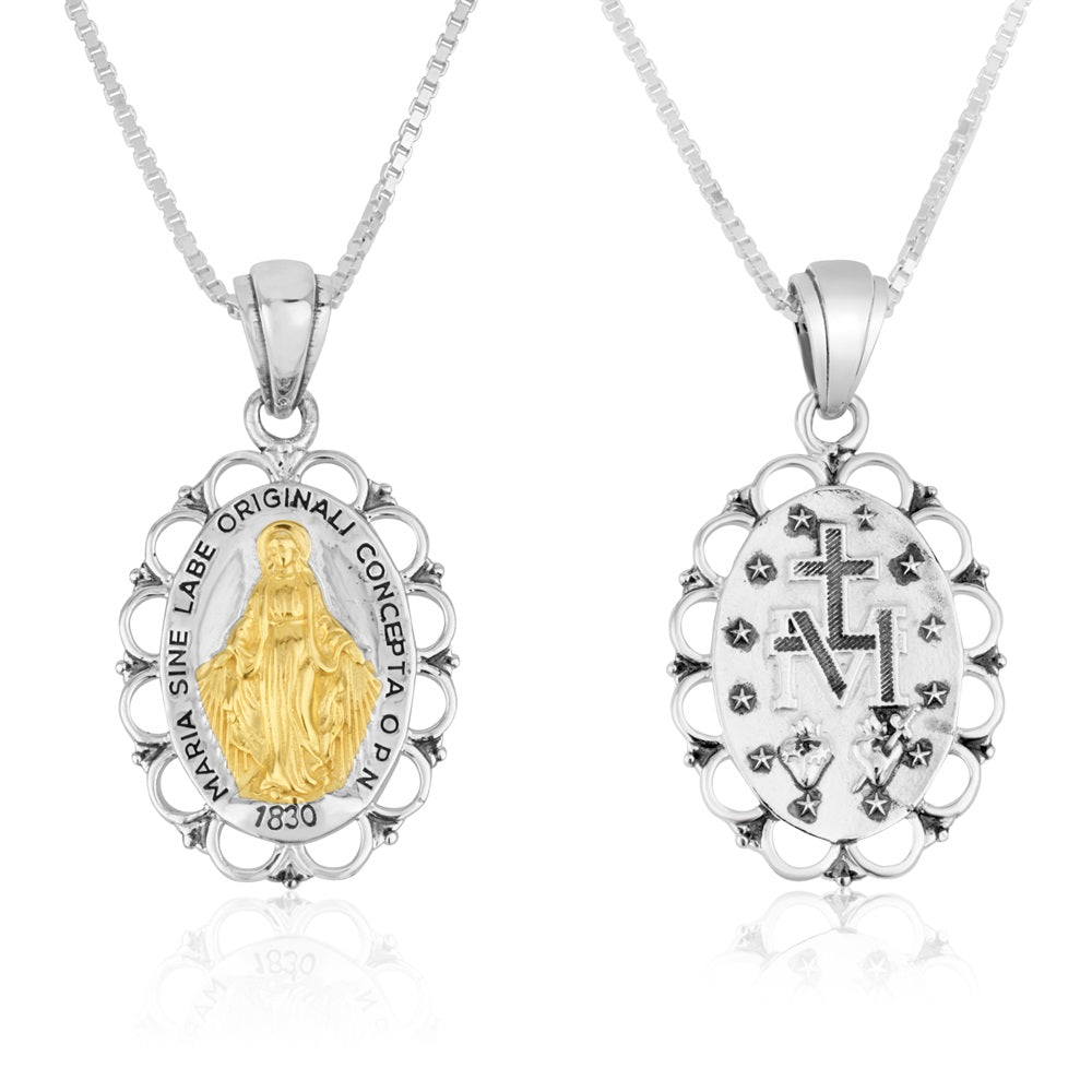 miraculous medal necklace two-tone gold sterling silver - Marina Jewelry Holy Land