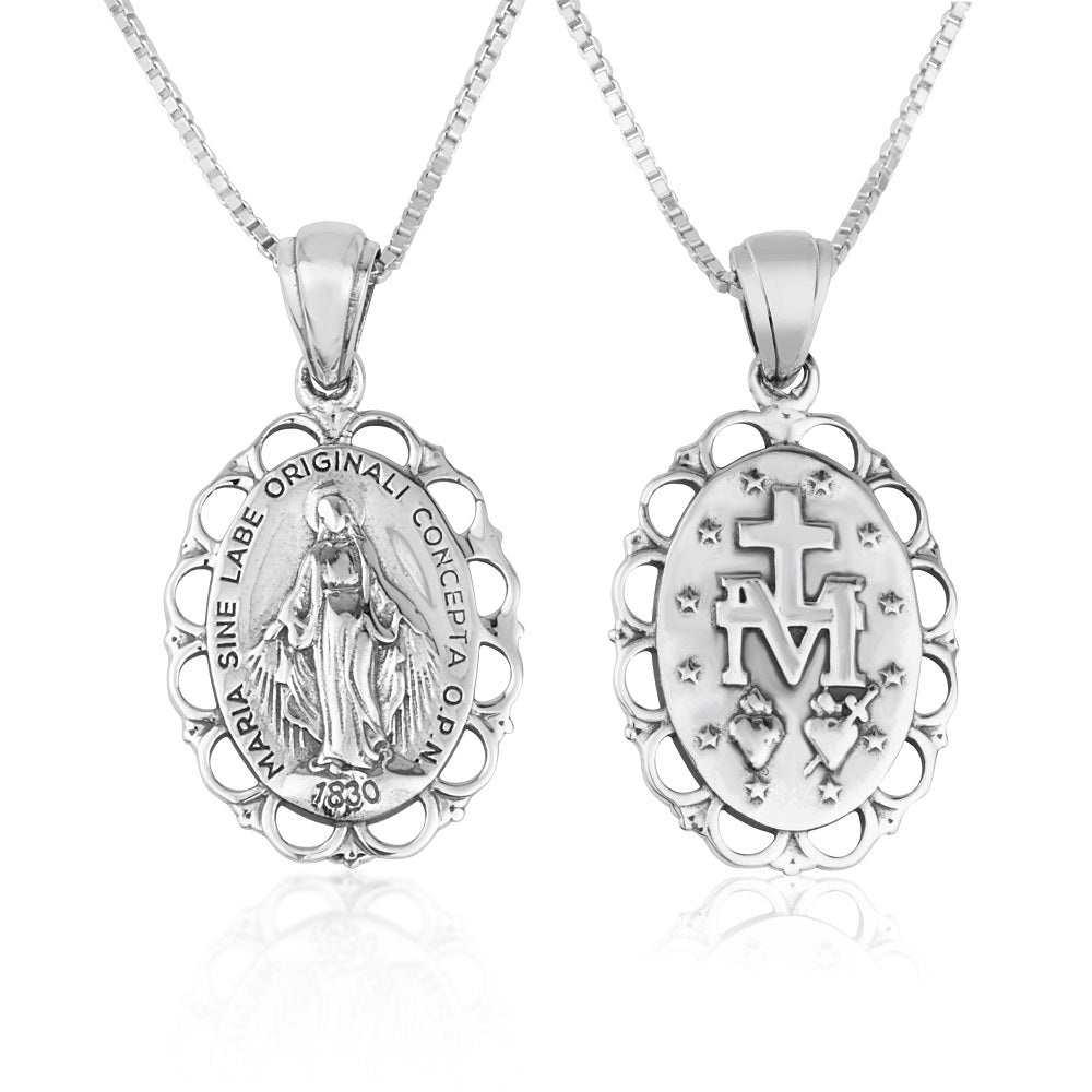 miraculous medal necklace silver rope border sterling silver - Marina Jewelry Holy Land