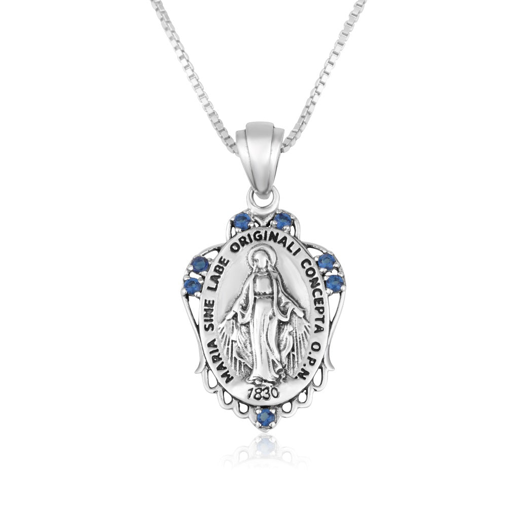 virgin mary ornate blue stone pendant necklace sterling silver - Marina Jewelry Holy Land