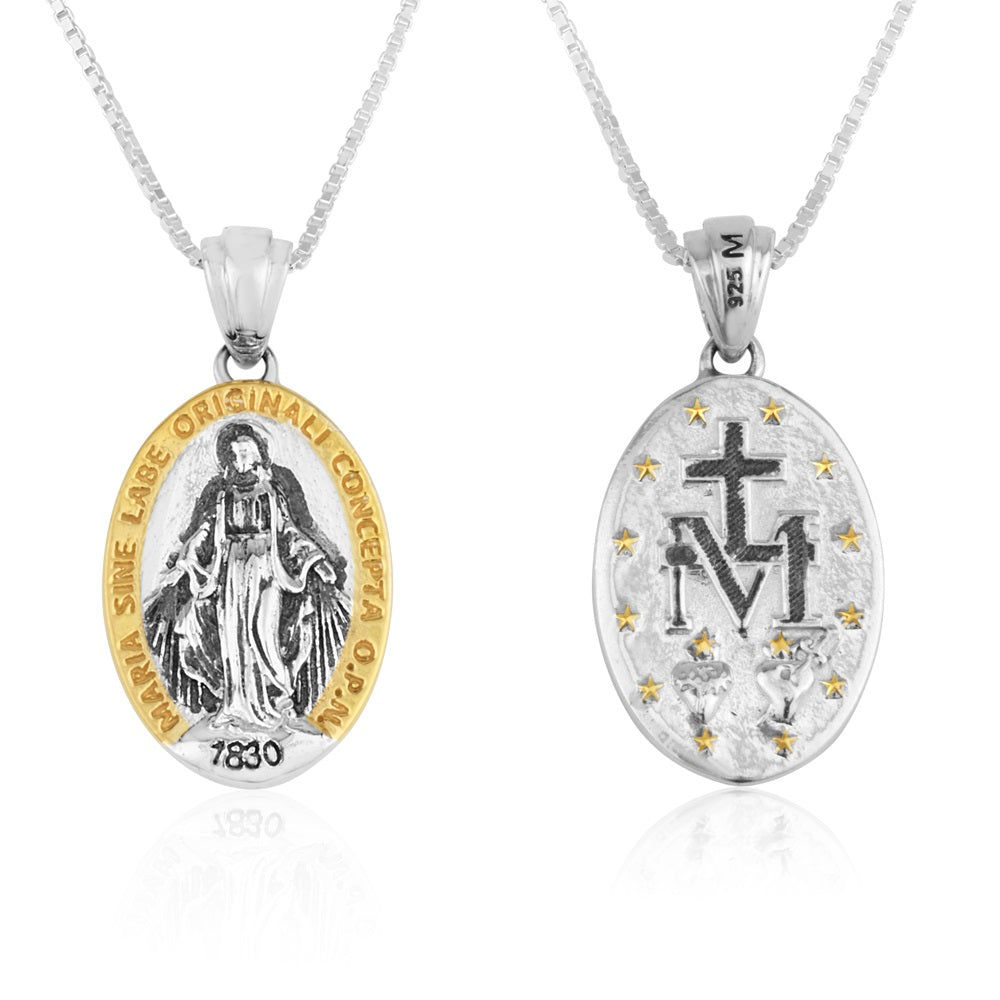 Miraculous Medal necklace gold milgrain border sterling silver two-tone - Marina Jewelry Holy Land