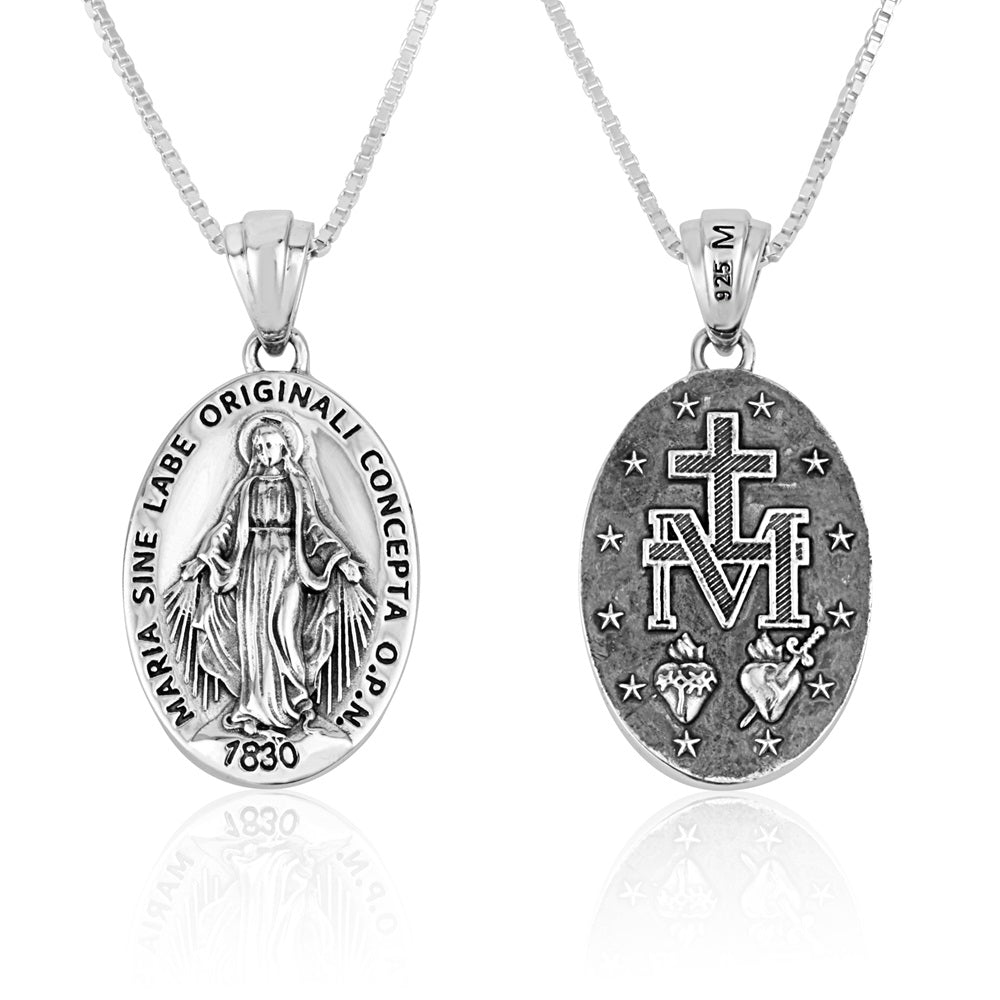 miraculous medal necklace polished silver sterling silver - Marina Jewelry Holy Land