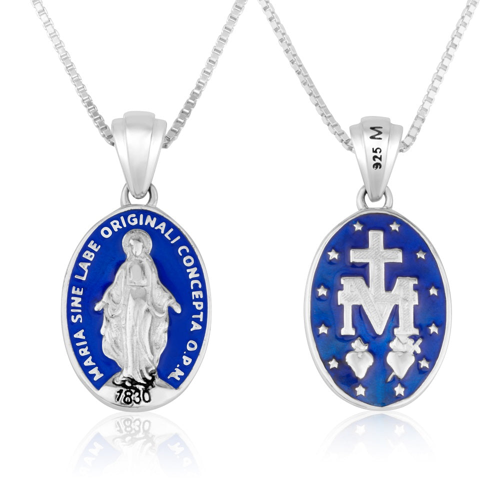 Miraculous Medal necklace full blue enamel field sterling silver Mary relief - Marina Jewelry Holy Land